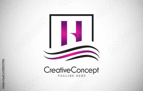 H purple letter logo design with frame swoosh. Creative monogram design vector illustration.
