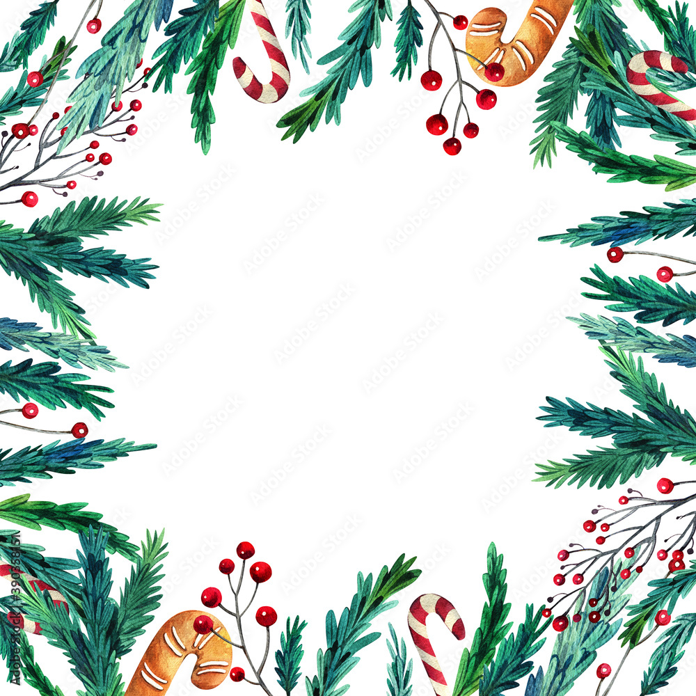 Watercolor christmas square frame with green fir branches, berries and gingerbread Watercolor christmas square frame with green fir branches, berries and gingerbread