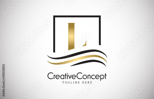 L gold letter logo design with frame swoosh. Creative monogram design vector illustration.
