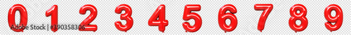 Red inflatable balloons number 0, 1, 2, 3, 4,  5, 6, 7, 8, 9. Transparent background. 3d illustration