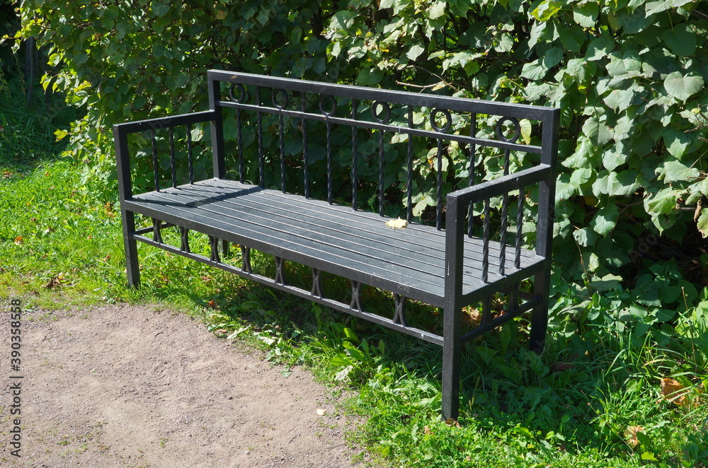 Wrought iron bench in a summer Park Wrought iron bench in a summer Park