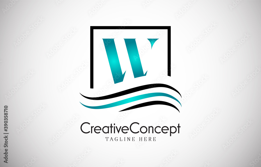 Fototapeta premium W blue letter logo design with frame swoosh. Creative monogram design vector illustration. 