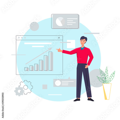 man working under project and with diagrams and graphs. analysis data, business analytics. Flat vector illustration.
