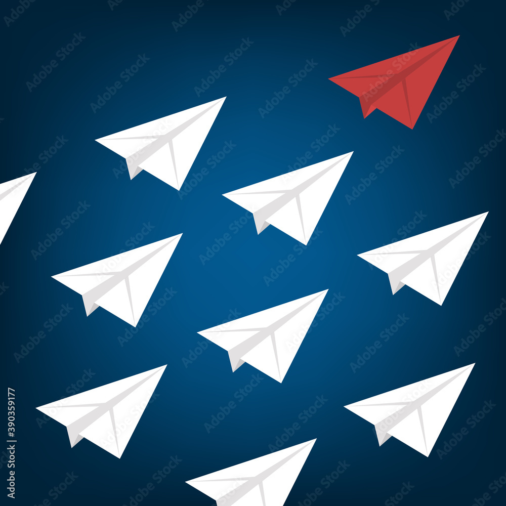 Leadership Concept. Red Paper Airplane Leading White Paper Airplanes Leadership Concept. Red Paper Airplane Leading White Paper Airplanes