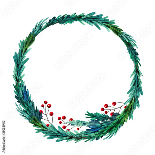 Hand drawn watercolor wreath with green fir branches and berries. Round frame for Christmas cards and winter design.