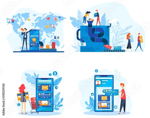 App creation vector illustration set. Cartoon flat developer people team creating mobile web applications with creativity machine and conveyor belt, online website for listening to music or shopping