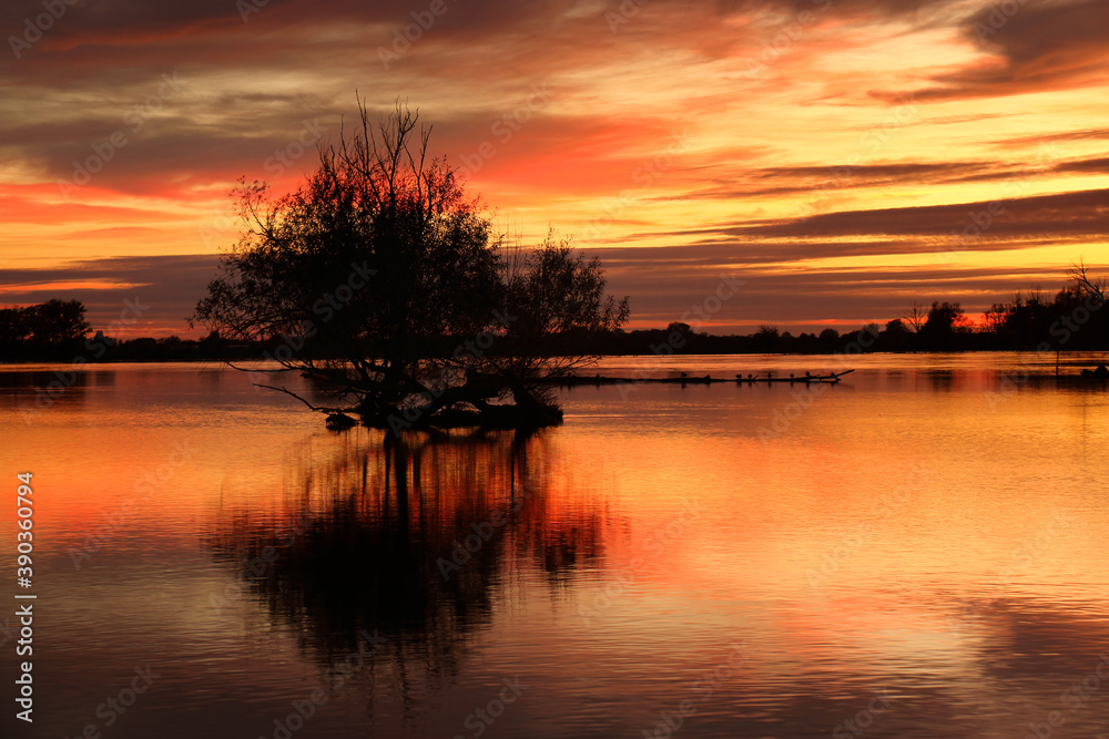 Naklejka premium Colorful sunset by the Odra River, Poland.