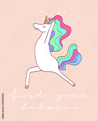Vector cute rainbow unicorn in warrior yoga pose.