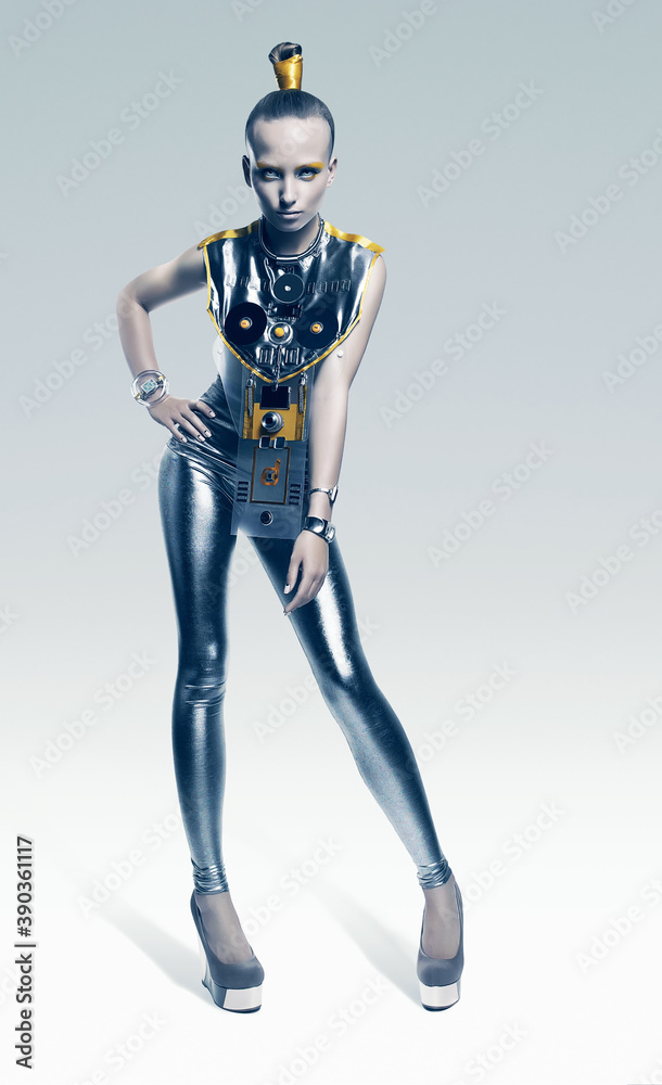 futuristic woman in silver leggings futuristic woman in silver leggings