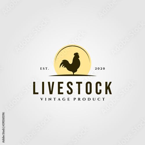 rooster livestock logo with sun vintage vector illustration design, rooster and sun logo design