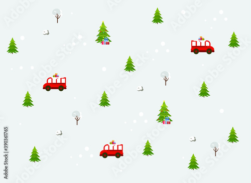 Christmas tree and red bus with gifts, Christmas card