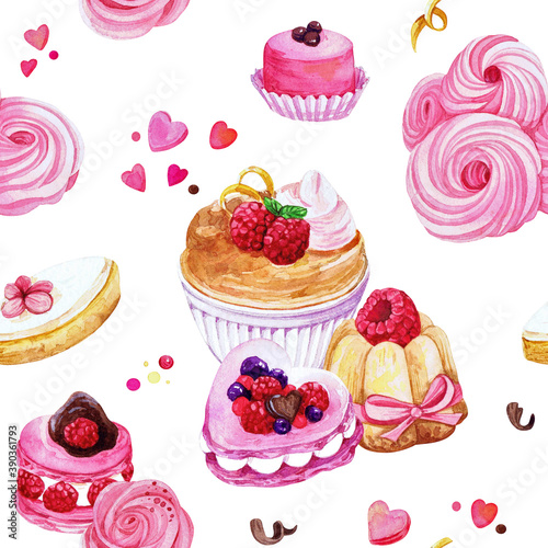 various french sweets seamless pattern, macarons, meringue, petitsfours, hand drawn illustration on white background