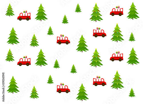 Christmas tree and red bus with gifts, Christmas card