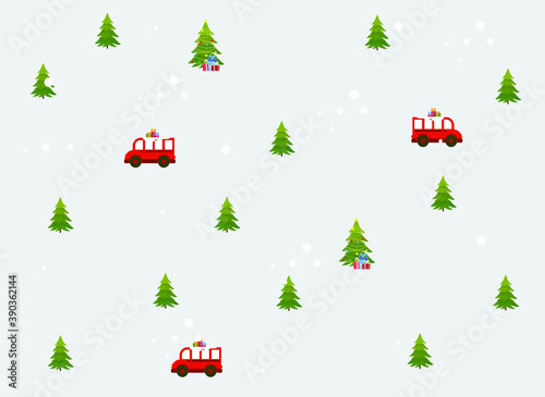 Christmas tree and red bus with gifts, Christmas card