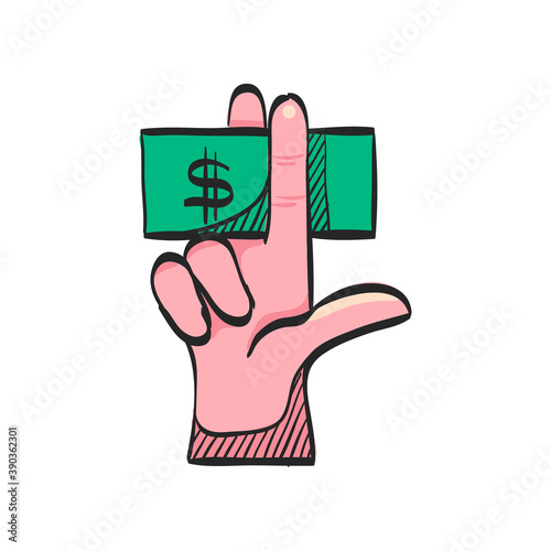 Hand holding money icon in color drawing. Service tip hotel waitress restaurant bribe gratification