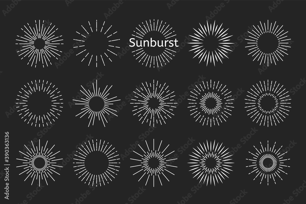 Sunburst beams logo. Sun burst doodle beam. Radial sunrise vector icon set.