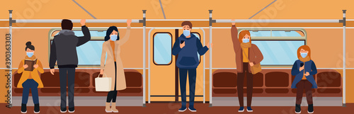 People in subway, male and female characters with protective masks on faces. Humans sitting and standing in metro. Coronavirus pandemic. Vector illustration.