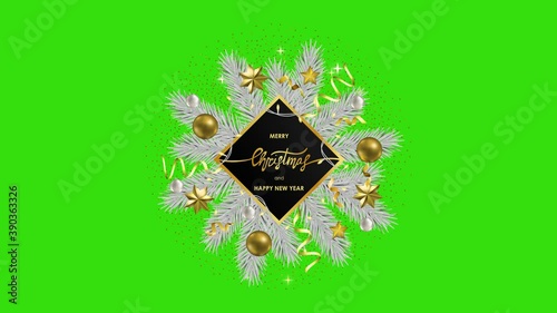 Merry Christmas and Happy New Year looping animation with Alpha Channel. Luxury seamless video mock up, template for greeting, winter holiday cards, posters and covers with text place. photo