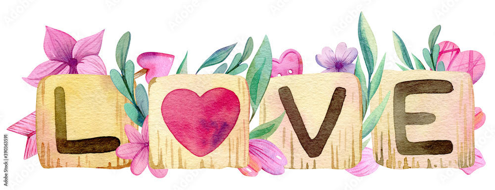 Watercolor hand drawn composition for Valentine's Day with wooden cubes forming the word 