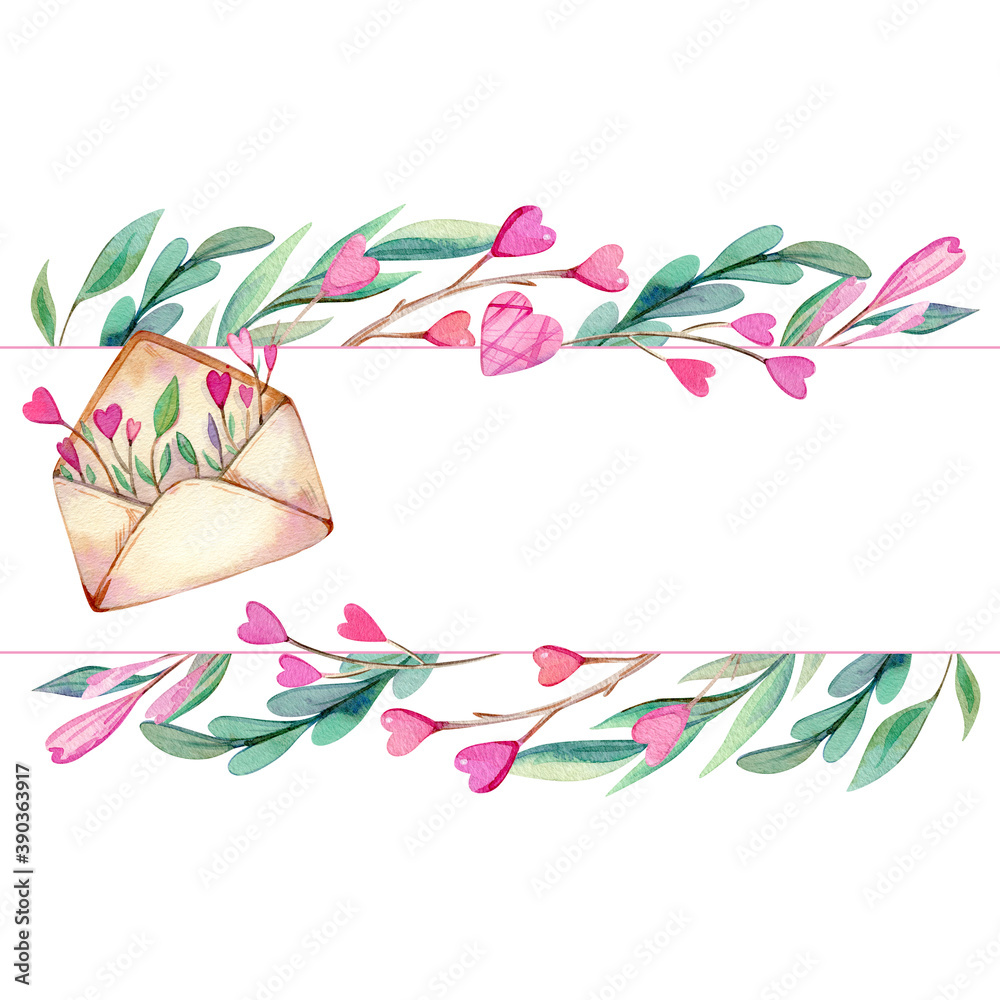 Fototapeta premium Hand drawn watercolor frame for Valentine's Day with cute wooden heart, twigs and leaves