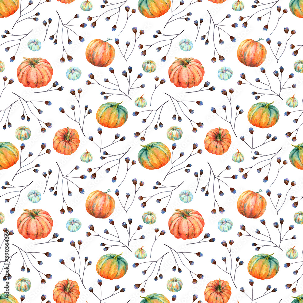 Pumpkins Seamless Pattern. Watercolor pumpkins, wild grass, flowers