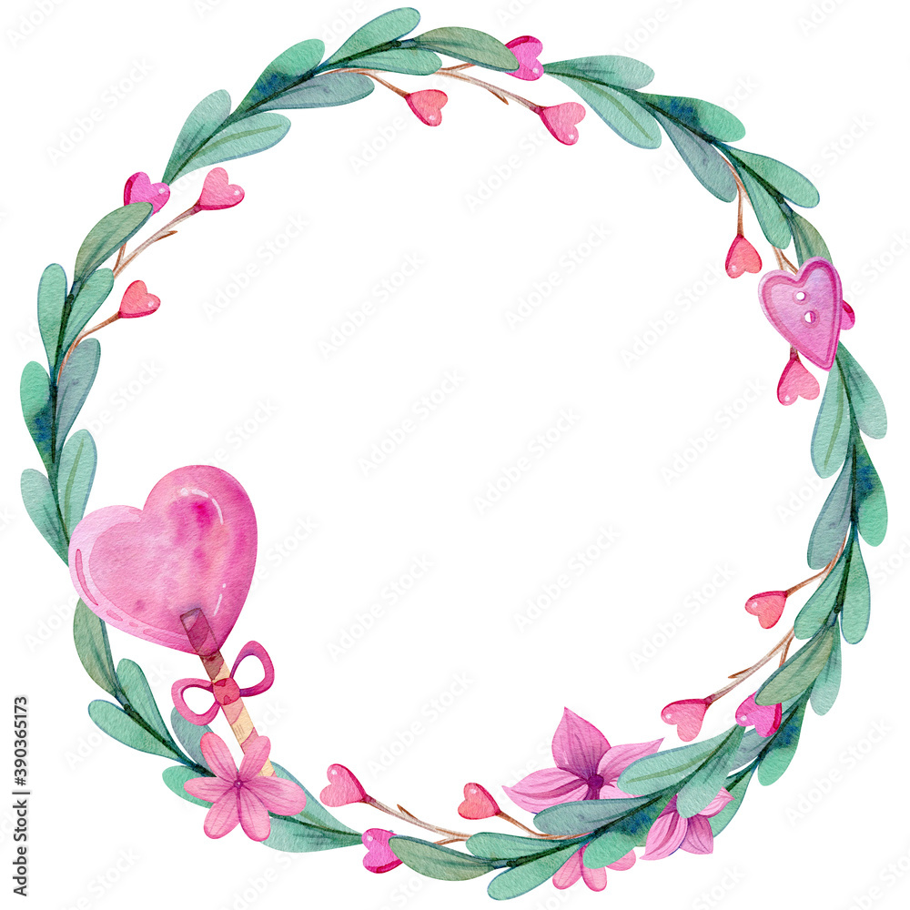 Fototapeta premium Hand drawn watercolor wreath for Valentine's Day with cute hearts, flowers, twigs and leaves. Round frame for invitation and romantic post cards.