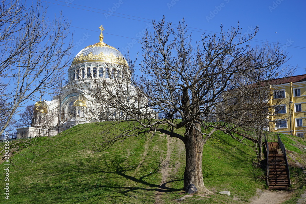 spring in Kronstadt view of the Naval Nikolsky Cathedral