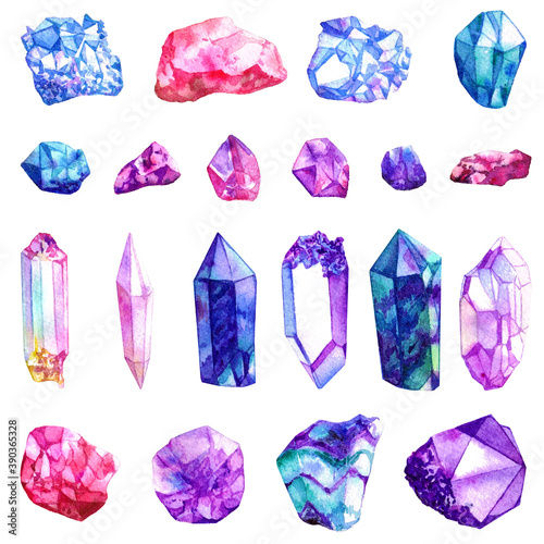 Watercolor crystal gems set. Hand drawn illustration isolated on white background. photo