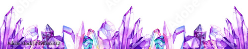 Purple watercolor crystal gems frame. Hand drawn illustration isolated on white background. photo