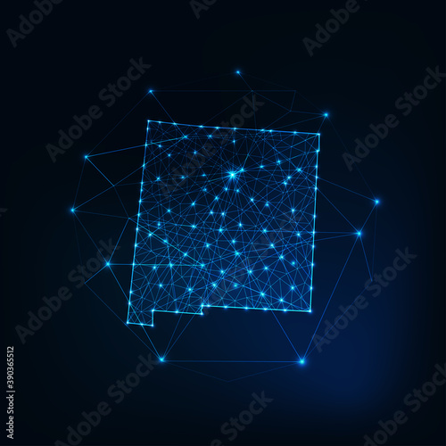 New Mexico state USA map glowing silhouette made of stars lines dots triangles, low poly shapes.