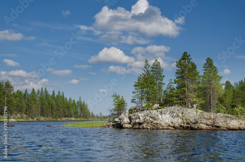 View from water on the Upper Pulongskoye Lake in Karelia (Russia)