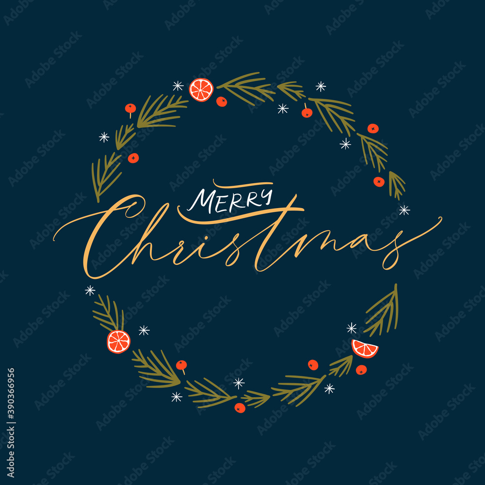 Christmas card with hand drawn wreath and hand-lettered text. Holidays poster.