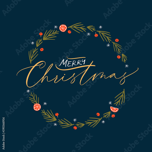 Christmas card with hand drawn wreath and hand-lettered text. Holidays poster.