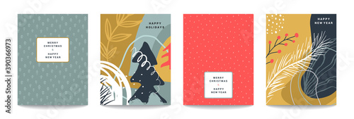 Vector collection of trendy creative Christmas cards with winter floral elements and abstract forms