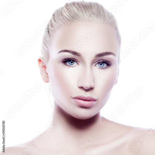 Beautiful of young woman with healthy skin beauty portrait, white background. Blue eyes, blonde hair