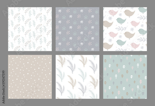 Set of vector Christmas seamless patterns with hand drawn simple elements