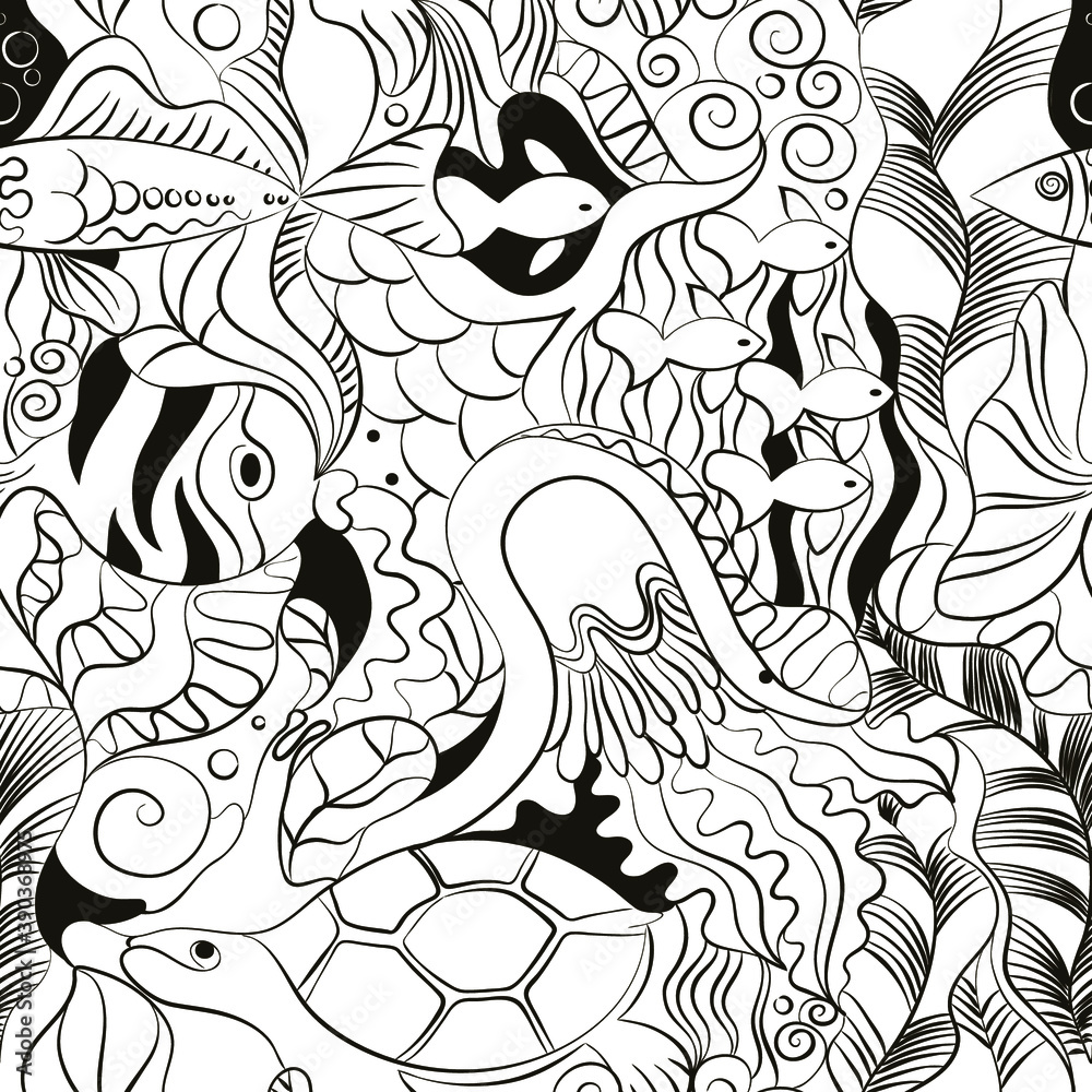 Fototapeta premium seamless pattern, black and white, exotic fish, snail, turtle, miduza. For printing on textiles, covers. Vector illustration