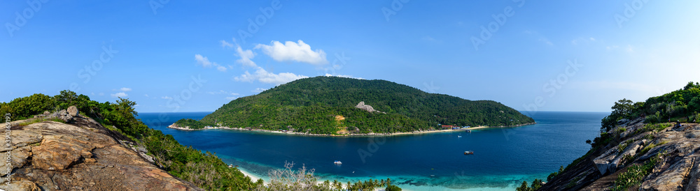 Panoramic view of Pulau Aur island from top of Pulau Dayang island near Mersing, Johor, Malaysia
