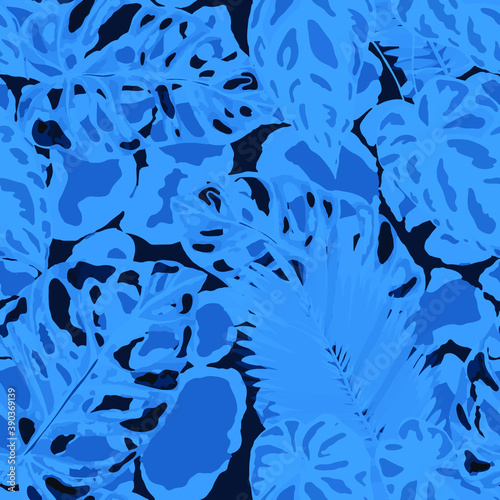 Tropical seamless pattern on animalistic texture. Jungle exotic summer print. Summer tropical leaf. Tropical flower fashion pattern. Floral tropic illustration. Vector seamless pattern.	