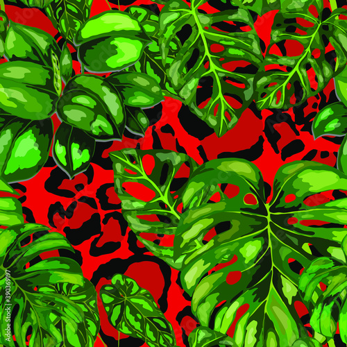 Tropical seamless pattern on animalistic texture. Jungle exotic summer print. Summer tropical leaf. Tropical flower fashion pattern. Floral tropic illustration. Vector seamless pattern.	