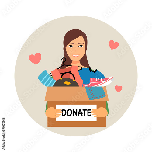 Clothes donation support to people concept vector illustration on white background. Time for charity.	Kindness woman holding clothing stuff flat design.
