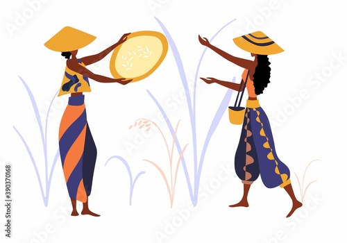 Flat farmer people. Asian farm rice fields vector illustration set.