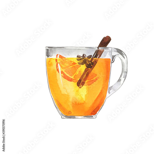 Glass of white mulled wine or tea or cider with fruit orange and cinnamon. Hand drawn watercolor illustration.