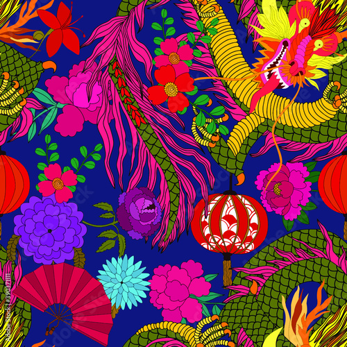 Creative seamless pattern with hand drawn chinese art elements: dragon, lantern, fan and flowers. Trendy print. Fantasy chinese dragon, great design for any purposes. Asian culture. Abstract art.	