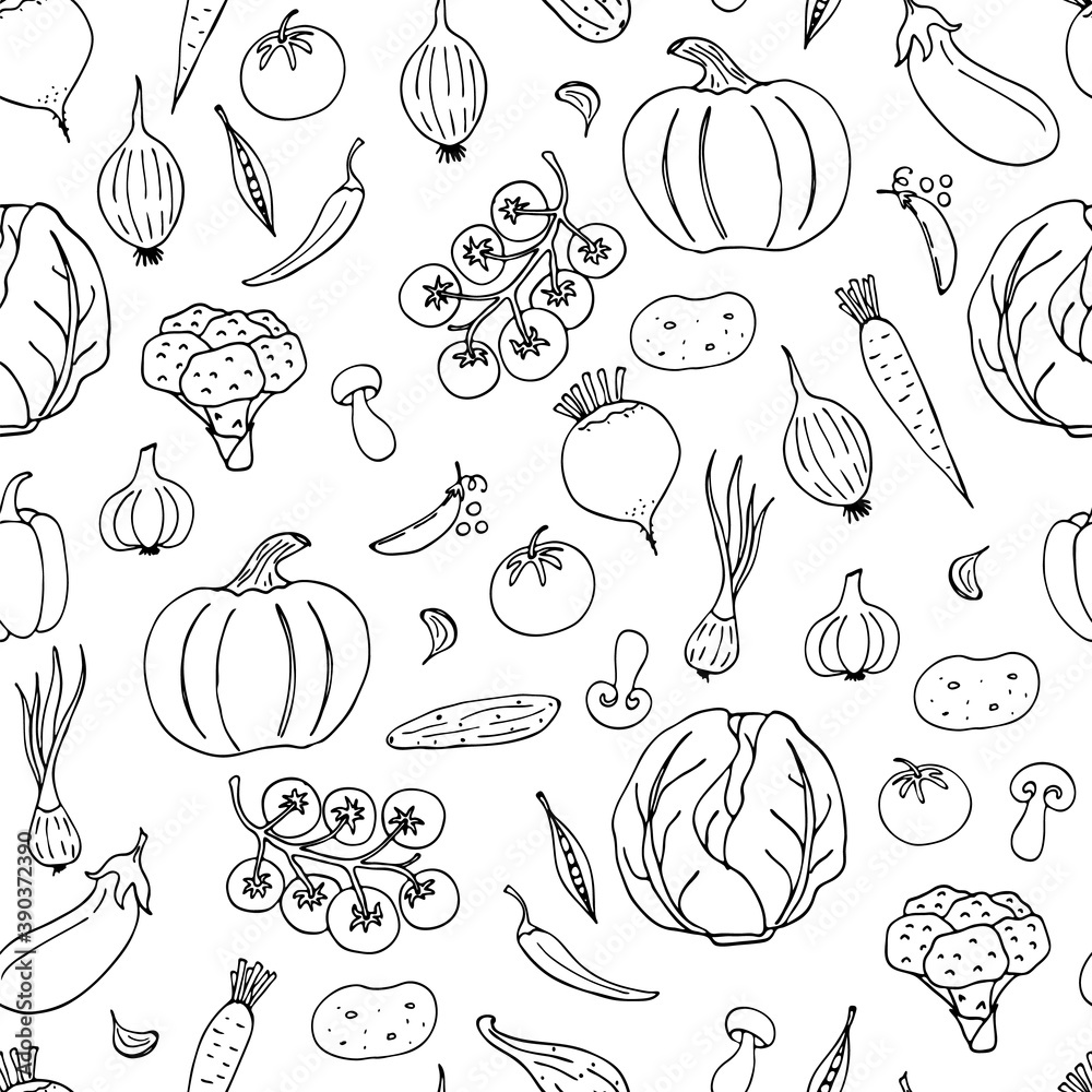 Seamless pattern of vegetable doodles on a dark background. Hand-drawn images. Vector for posters, web, textiles, children's coloring pages. Seamless pattern of vegetable doodles on a dark background. Hand-drawn images. Vector for posters, web, textiles, children's coloring pages.