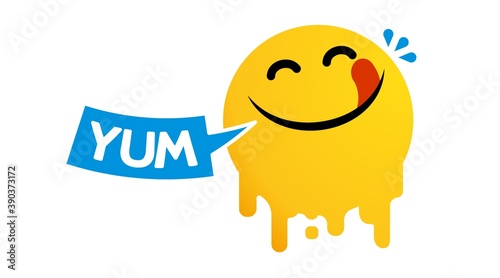 Yummy face happy smile vector cartoon line emoticon with tongue lick mouth. Delicious tasty food eating emoji face on yellow design background Yum icon vector