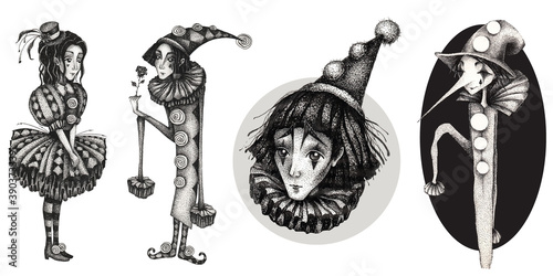 Monochrome graphic hand drawn set with characters of Pierrot and Colombina (Pierrette) isolated on white background photo