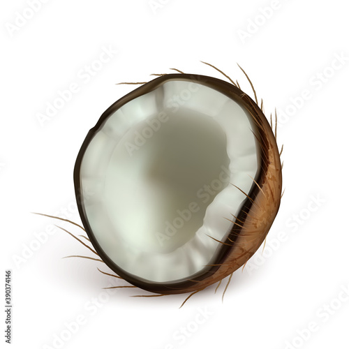 Coconut Half Piece Freshness Exotic Nut Vector. Diet Broken Ripe Coconut Portion, Vitamin Organic Nourishment. Tropic Nature Nutrition With Hard Shell Layout Realistic 3d Illustration