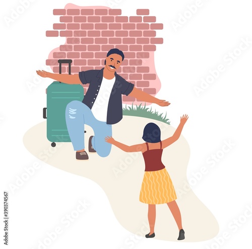 Happy couple greeting each other with open arms, flat vector illustration. Happy wife meeting her husband coming back home from business trip. Homecoming.