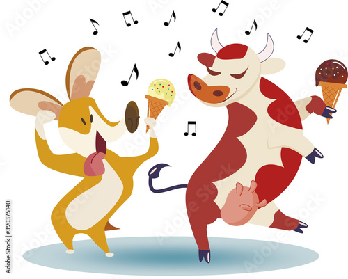 funny illustration of a dog and a cow dancing together